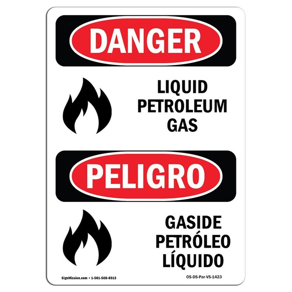 Safety Sign, OSHA Danger, 5" Height, Liquid Petroleum Gas Bilingual Spanish, 10PK